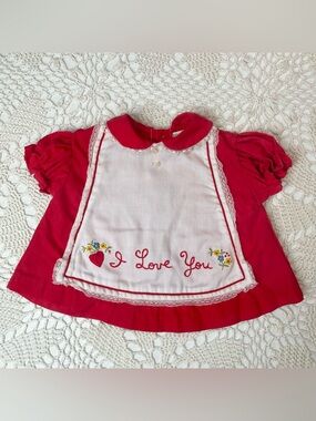 Vintage 1980s Cradle Togs Baby Girl Newborn Red "I Love You" Dainty Short Dress